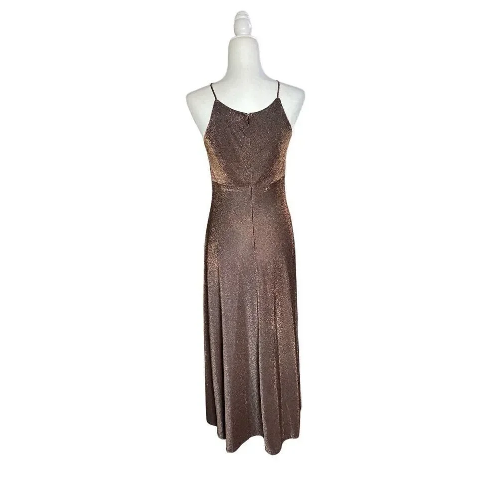 Vintage‎ 90s cache brown and gold shimmer maxi dress